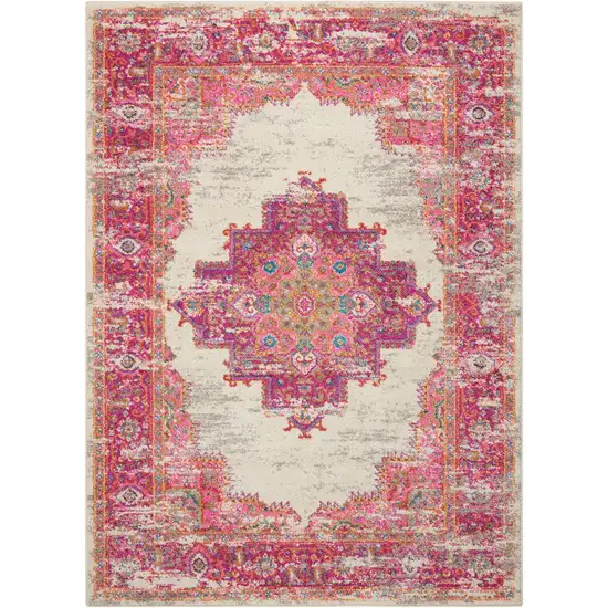 Ivory and Fuchsia Distressed Area Rug Photo 1