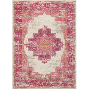 Photo of Ivory and Fuchsia Distressed Area Rug