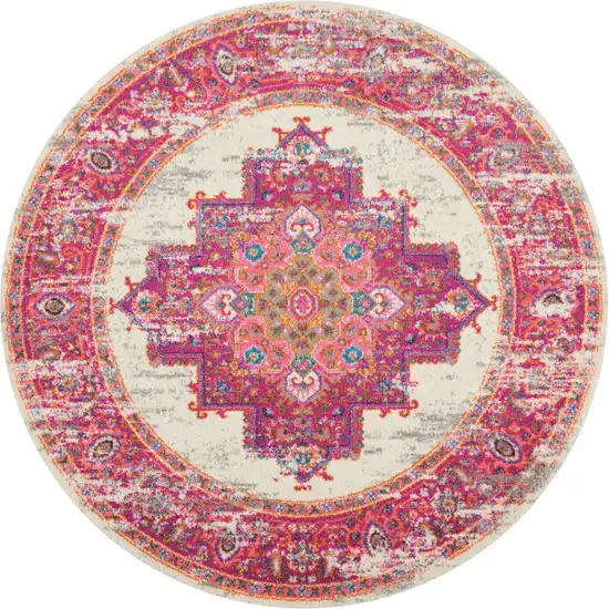 5' Ivory And Fuchsia Oriental Distressed Round Rug Photo 7