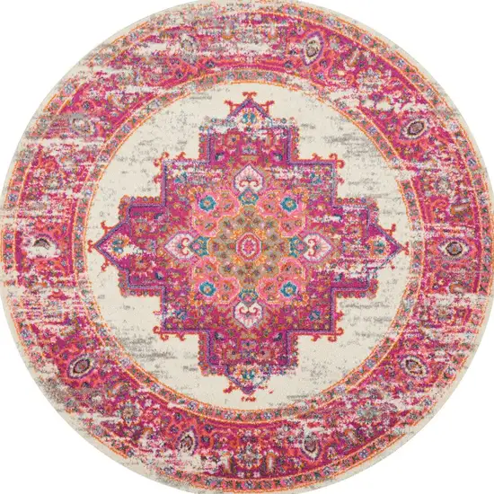 5' Ivory And Fuchsia Oriental Distressed Round Rug Photo 6