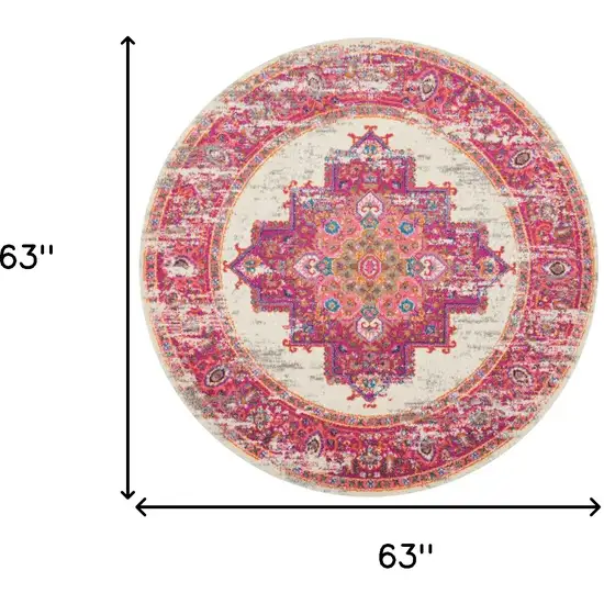 5' Ivory And Fuchsia Oriental Distressed Round Rug Photo 9