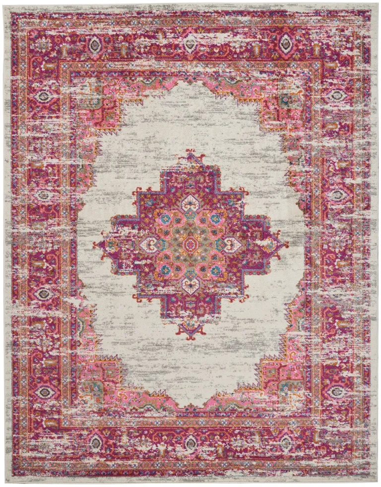 Ivory and Fuchsia Distressed Area Rug Photo 1