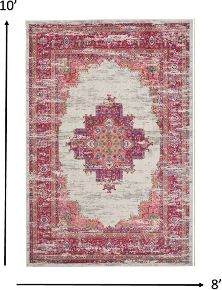 Ivory and Fuchsia Distressed Area Rug Photo 3