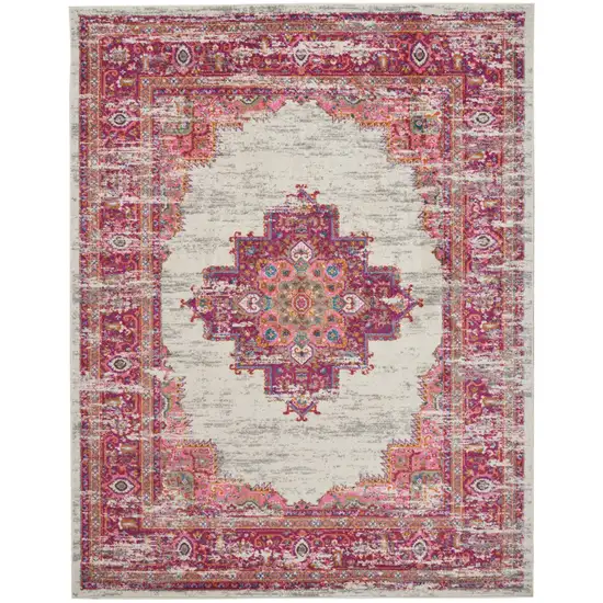 Ivory and Fuchsia Distressed Area Rug Photo 1