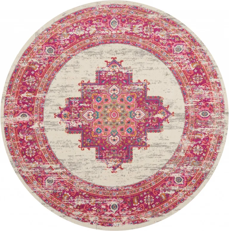 Ivory and Fuchsia Distressed Area Rug Photo 2