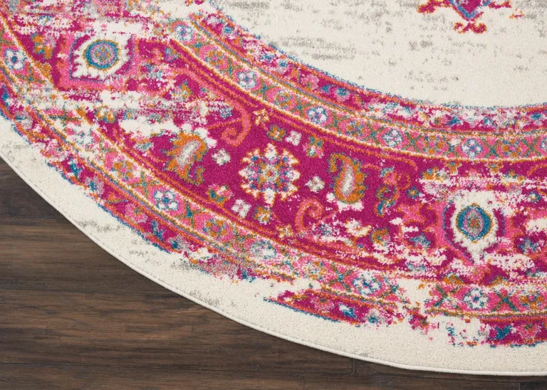 Ivory and Fuchsia Distressed Area Rug Photo 5