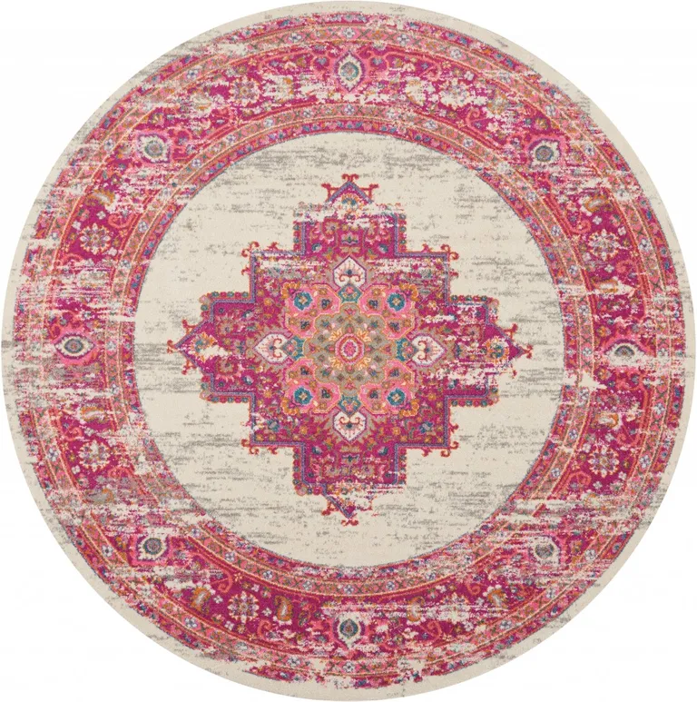 Ivory and Fuchsia Distressed Area Rug Photo 3