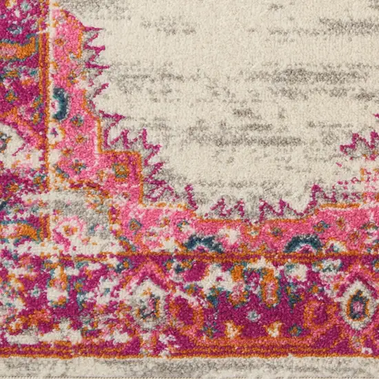 6' Ivory And Fuchsia Oriental Distressed Runner Rug Photo 5