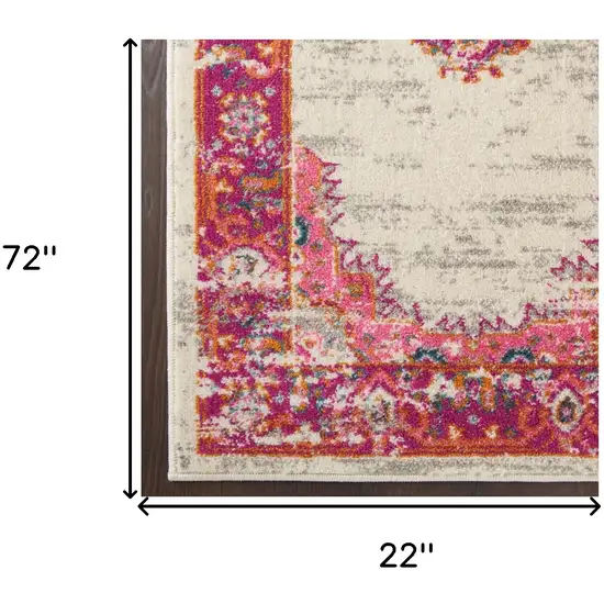 6' Ivory And Fuchsia Oriental Distressed Runner Rug Photo 9