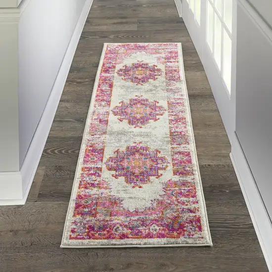 6' Ivory And Fuchsia Oriental Distressed Runner Rug Photo 8