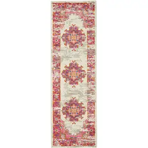 Photo of Ivory and Fuchsia Distressed Runner Rug