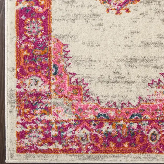 6' Ivory And Fuchsia Oriental Distressed Runner Rug Photo 6