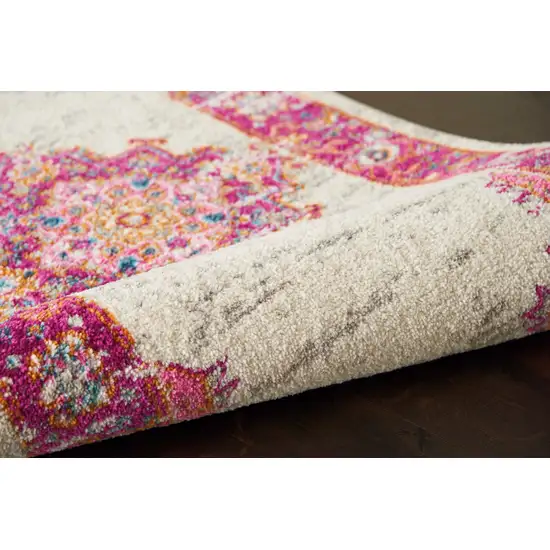 Ivory and Fuchsia Distressed Runner Rug Photo 3