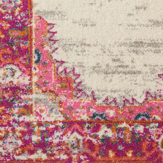 10' Ivory And Fuchsia Oriental Distressed Runner Rug Photo 5