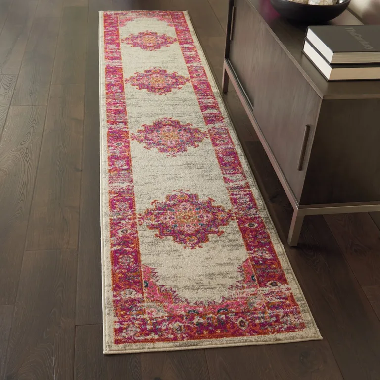 Ivory and Fuchsia Distressed Runner Rug Photo 4