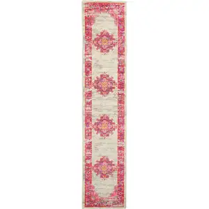 Photo of Ivory and Fuchsia Distressed Runner Rug