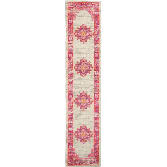 Ivory and Fuchsia Distressed Runner Rug Photo 1