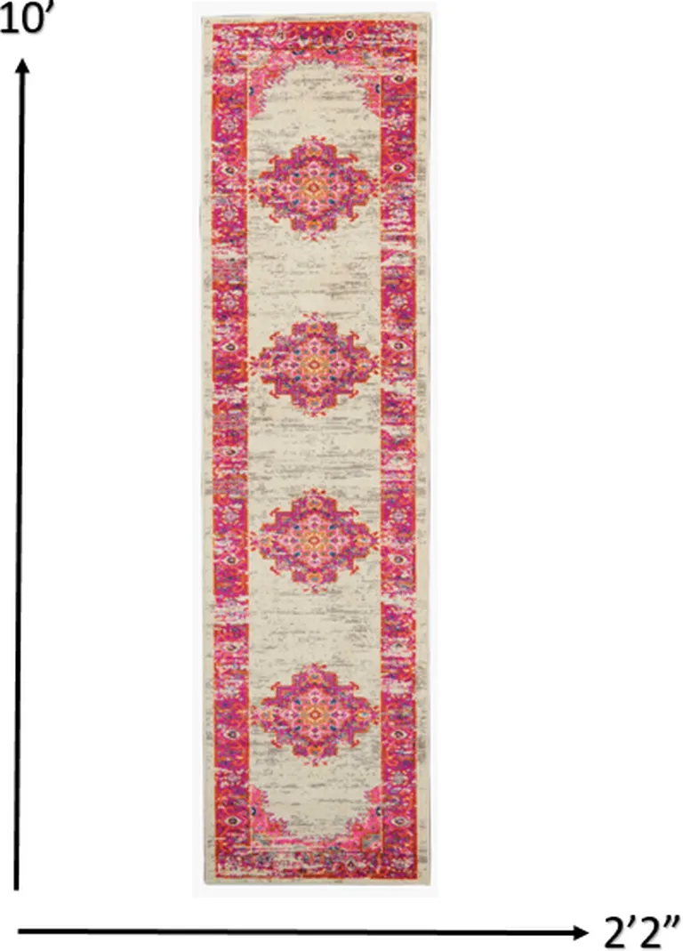 Ivory and Fuchsia Distressed Runner Rug Photo 2