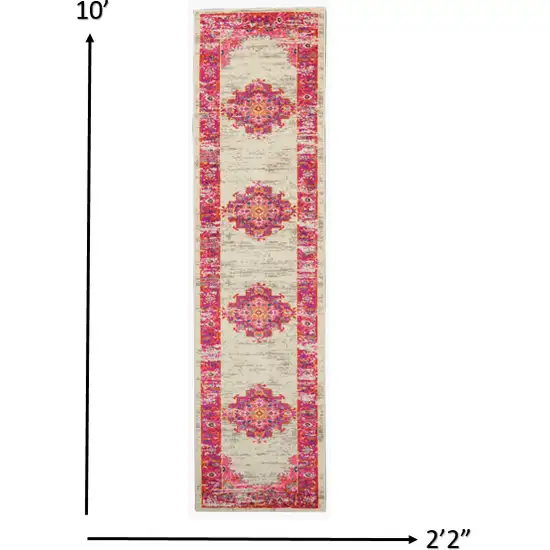 Ivory and Fuchsia Distressed Runner Rug Photo 2