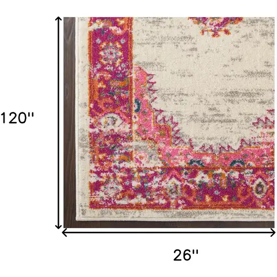 10' Ivory And Fuchsia Oriental Distressed Runner Rug Photo 9