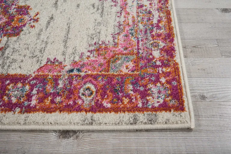 Ivory and Fuchsia Distressed Runner Rug Photo 4