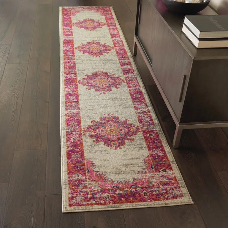 Ivory and Fuchsia Distressed Runner Rug Photo 3