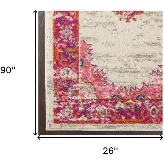 8' Ivory And Fuchsia Oriental Distressed Runner Rug Photo 9