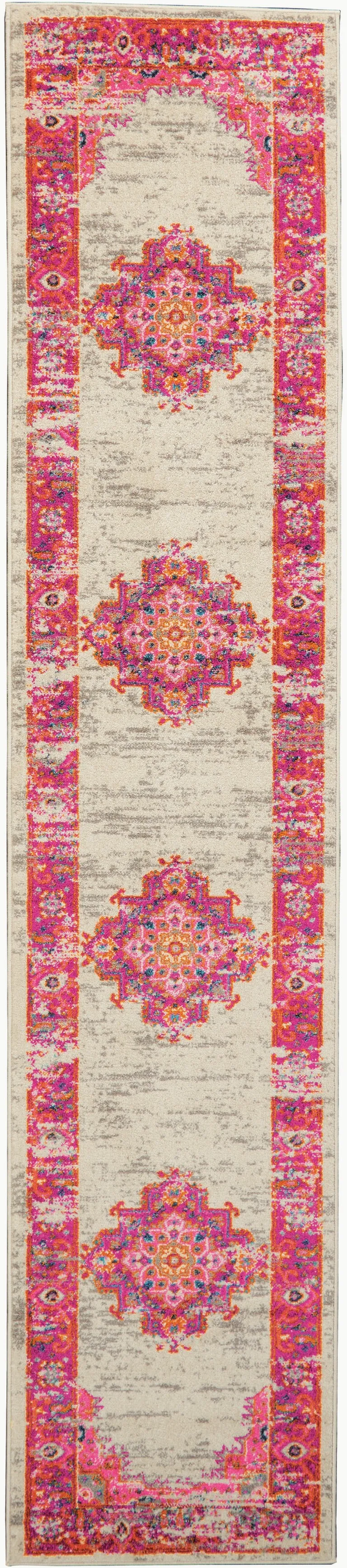 Ivory and Fuchsia Distressed Runner Rug Photo 1