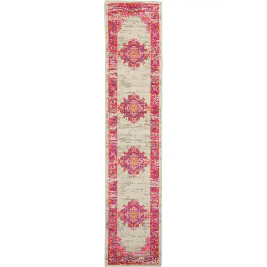 Ivory and Fuchsia Distressed Runner Rug Photo 1