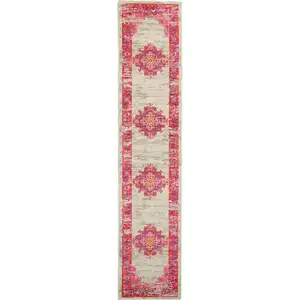 Photo of Ivory and Fuchsia Distressed Runner Rug