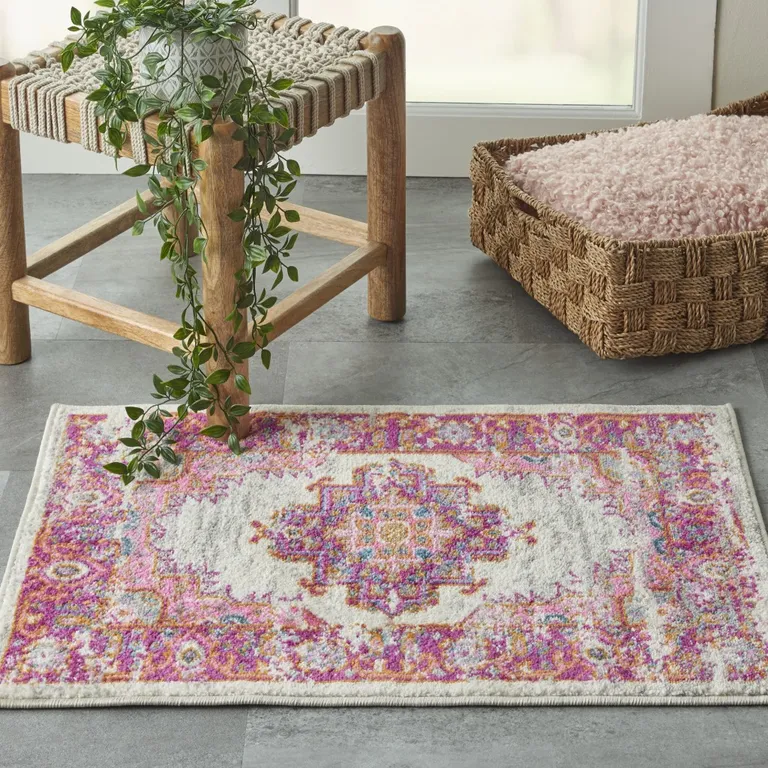 Ivory and Fuchsia Distressed Scatter Rug Photo 4