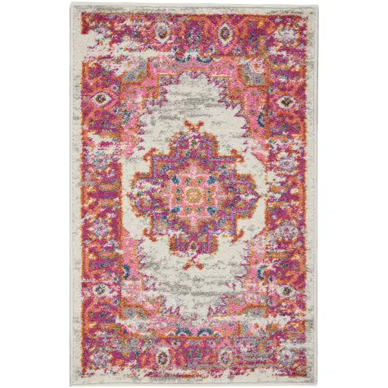 Ivory And Fuchsia Oriental Distressed Area Rug Photo 6