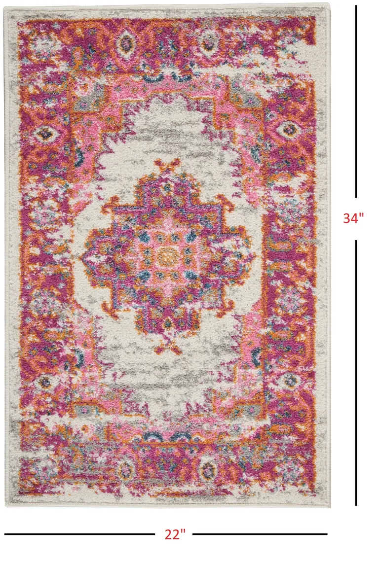 Ivory and Fuchsia Distressed Scatter Rug Photo 2