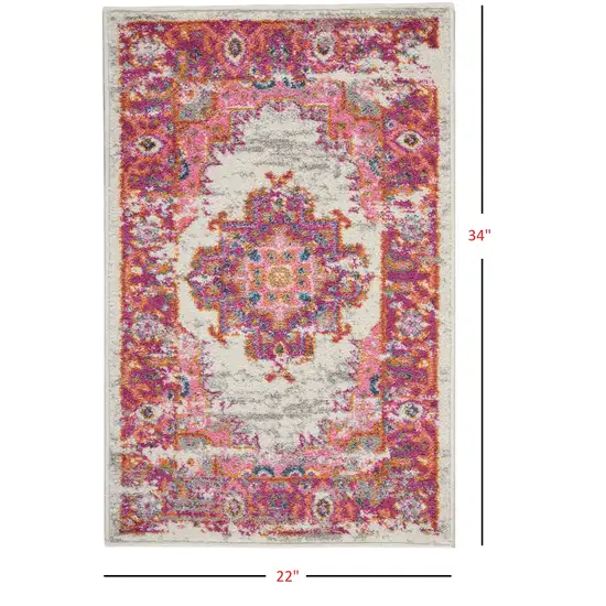 Ivory and Fuchsia Distressed Scatter Rug Photo 2