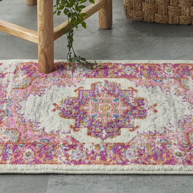 Ivory and Fuchsia Distressed Scatter Rug Photo 5