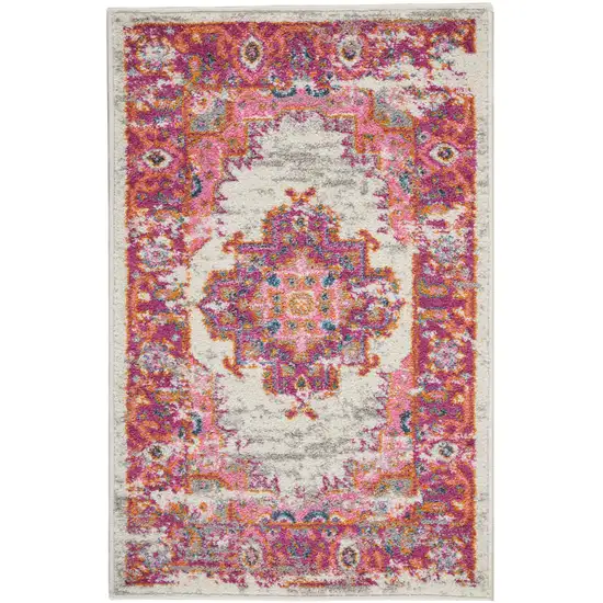 Ivory And Fuchsia Oriental Distressed Area Rug Photo 1