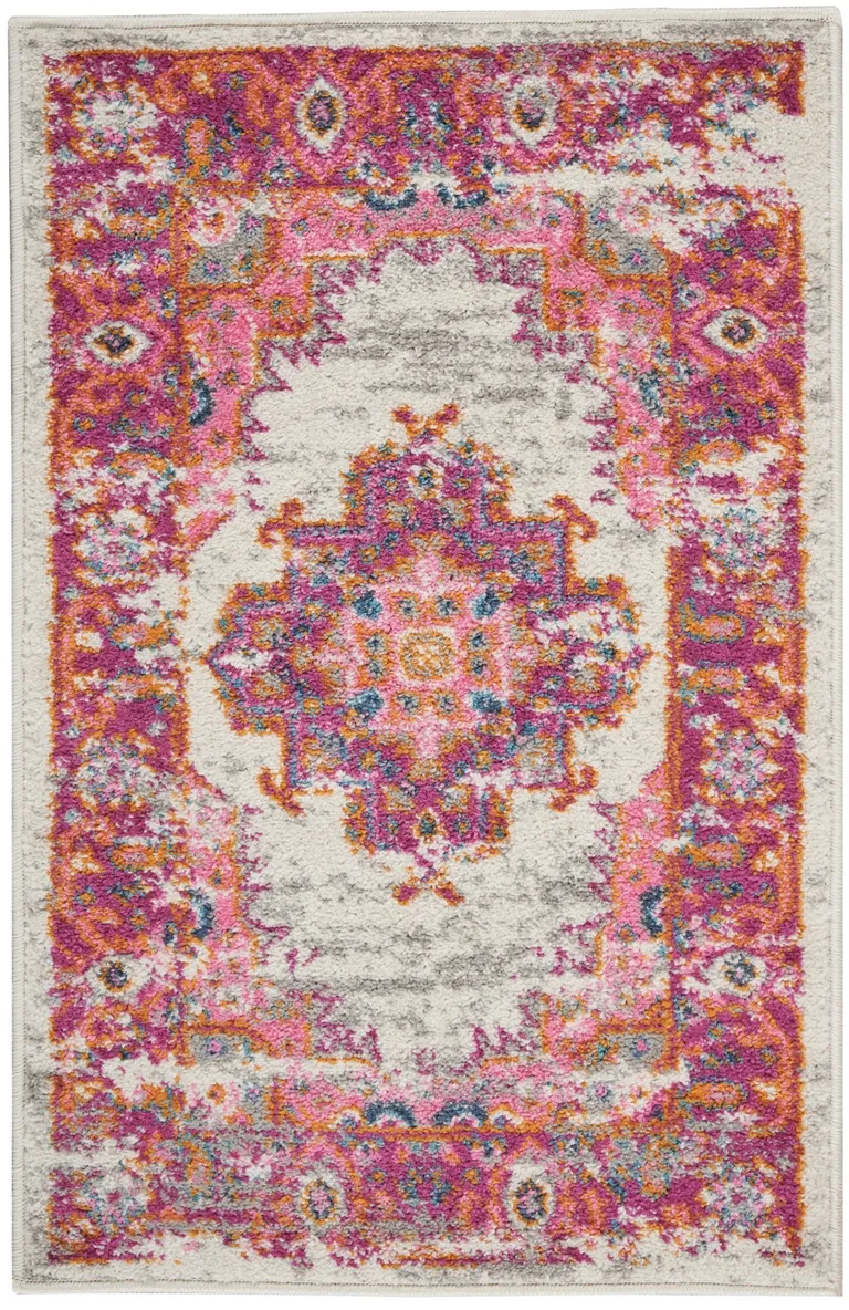 Ivory and Fuchsia Distressed Scatter Rug Photo 1