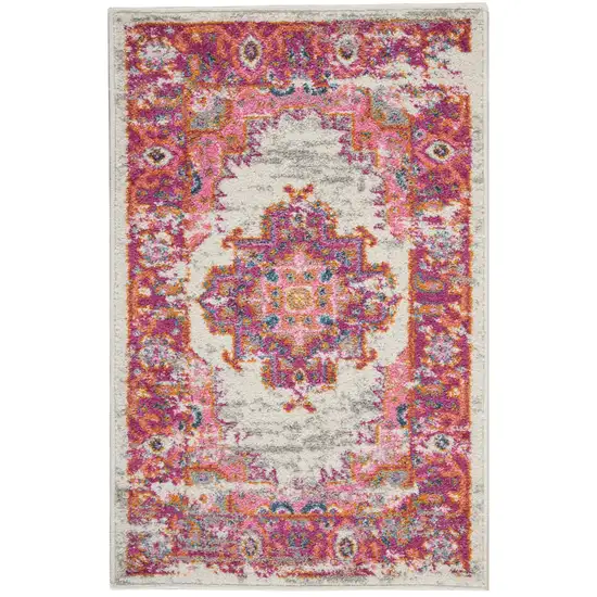 Ivory and Fuchsia Distressed Scatter Rug Photo 1