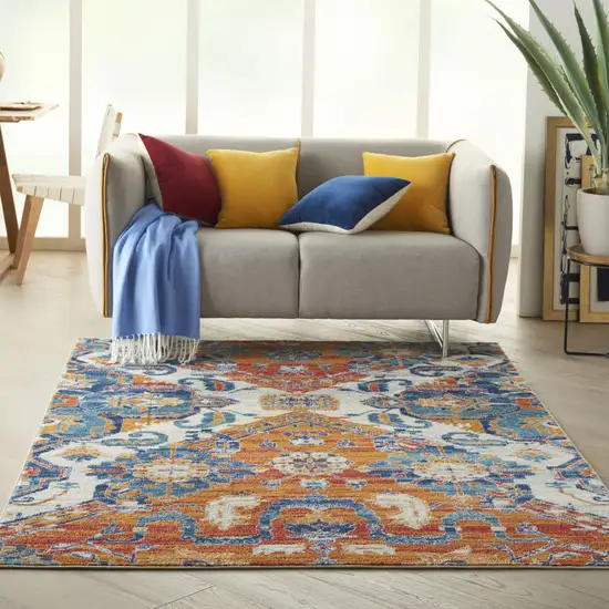 Orange And Ivory Floral Power Loom Area Rug Photo 6