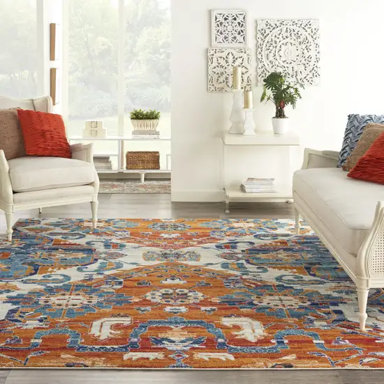 Orange And Ivory Floral Power Loom Area Rug Photo 7