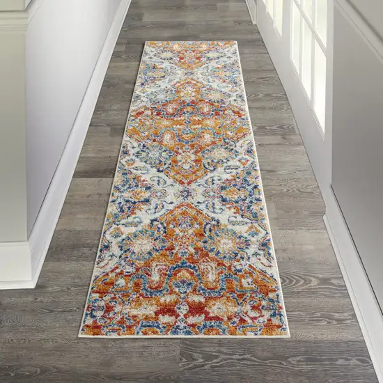 8' Orange And Ivory Floral Power Loom Runner Rug Photo 7