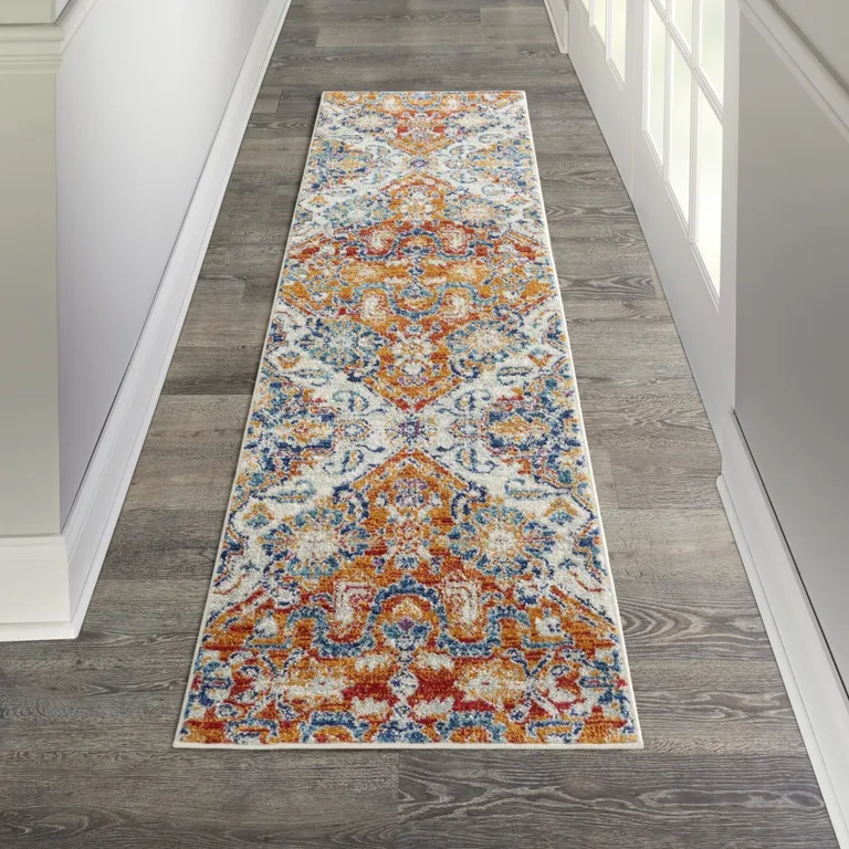Ivory and Gold Floral Motif Runner Rug Photo 5