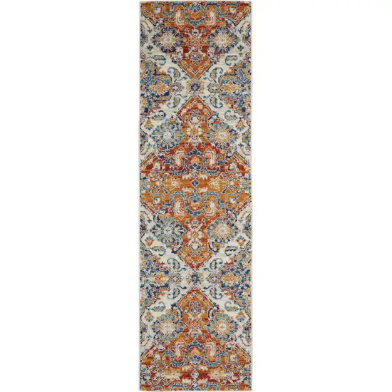 8' Orange And Ivory Floral Power Loom Runner Rug Photo 8