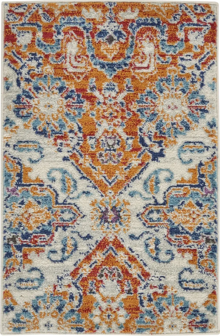 Ivory and Gold Floral Motif Scatter Rug Photo 1