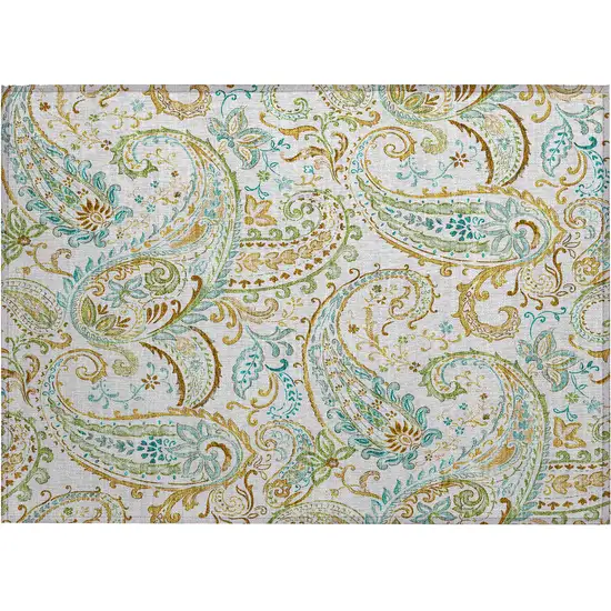 Ivory and Gold Paisley Washable Non Skid Indoor Outdoor Area Rug Photo 2