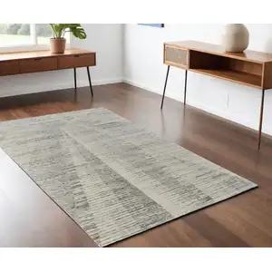 Photo of Ivory and Gray Abstract Hand Knotted Worn Faded Area Rug