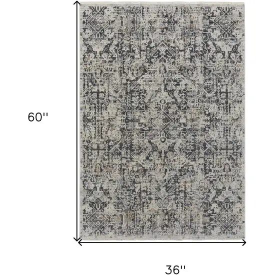 Ivory and Gray Abstract Power Loom Worn Faded Area Rug With Fringe Photo 3