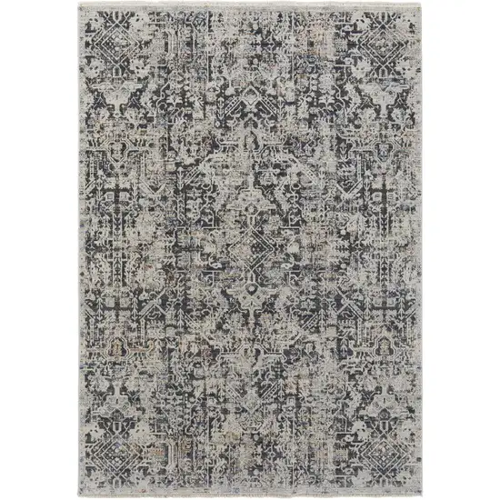 Ivory and Gray Abstract Power Loom Worn Faded Area Rug With Fringe Photo 2