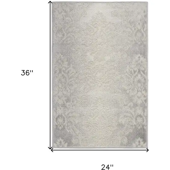 Ivory and Gray Damask Distressed Non Skid Area Rug Photo 3