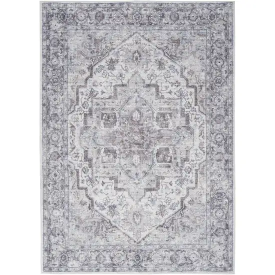 Ivory and Gray Floral Medallion Power Loom Distressed Area Rug Photo 2